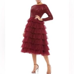 Mac Duggal Long Sleeve Ruffle Tiered Midi Dress